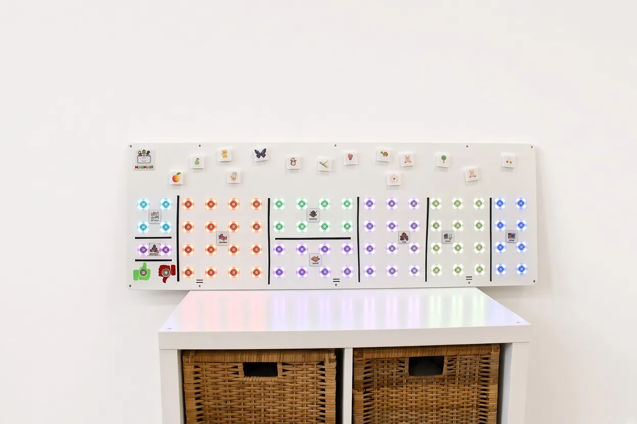 MagMAGI choice board on a classroom wall, with coloured lights in several play corners and children's picture badges placed on it